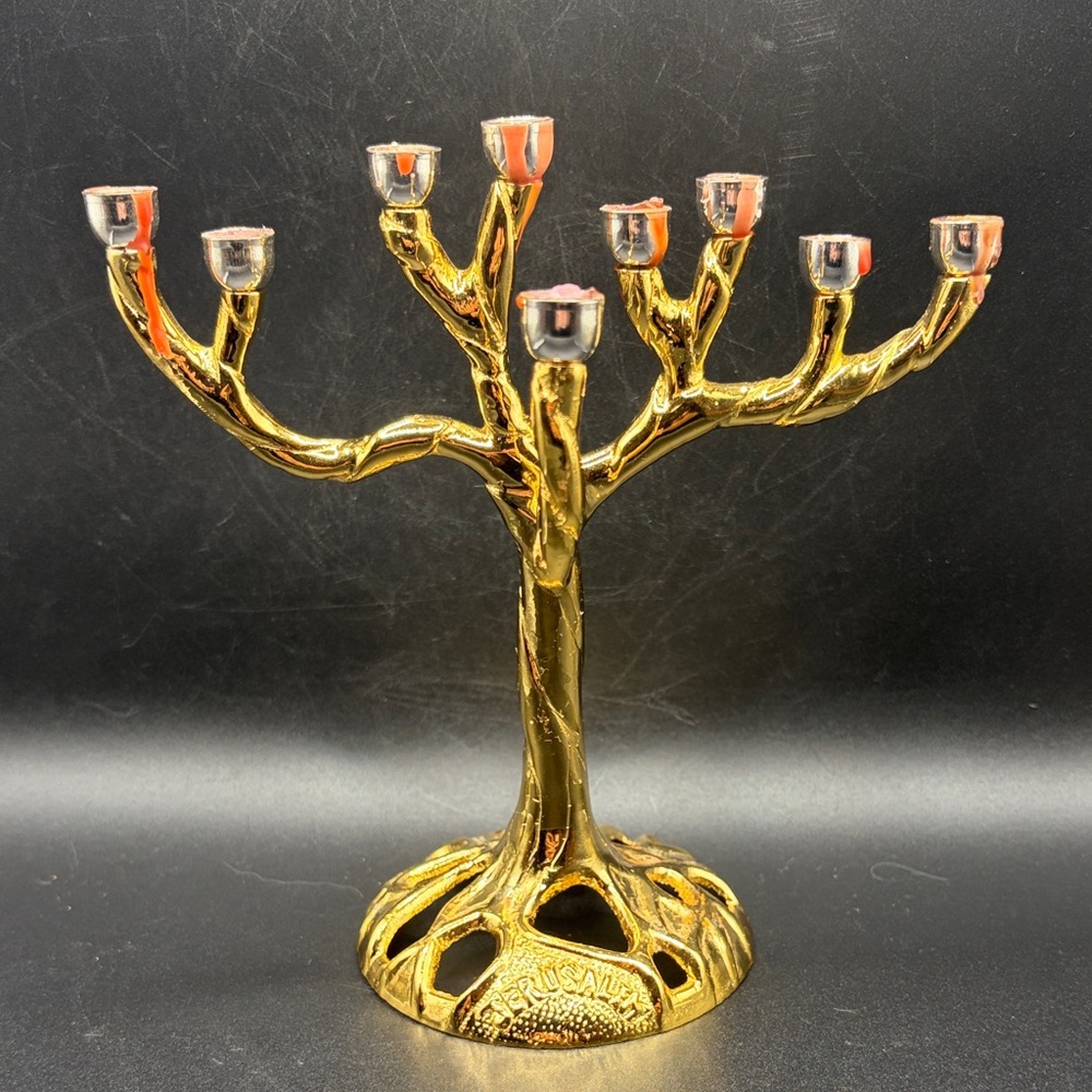 Tree of Life Jerusalem Gold & Silver Tn Metal Candelabra Menorah Candle Holder